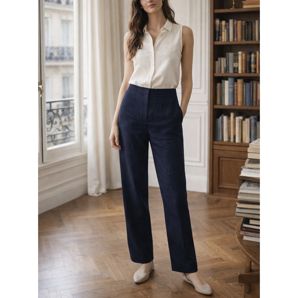J Crew Sz 8 Navy Blue 100% Linen Tailored Dark Academia Grandpa Trousers Pants